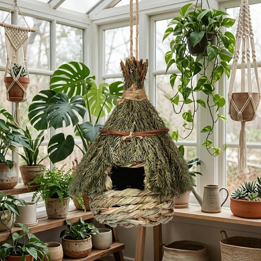 Woven birdhouse hanging among plants in a sunlit room