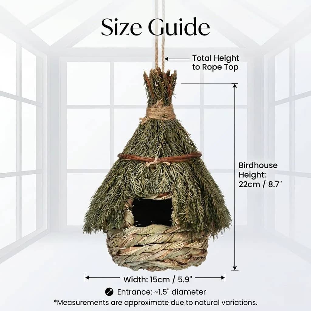 Hanging woven birdhouse with thatched cone roof and round dark entry opening