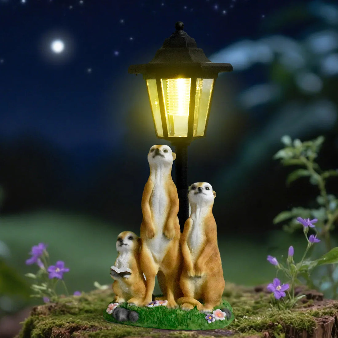 Hand-painted resin meerkat family garden statue with glowing black LED lantern at night.