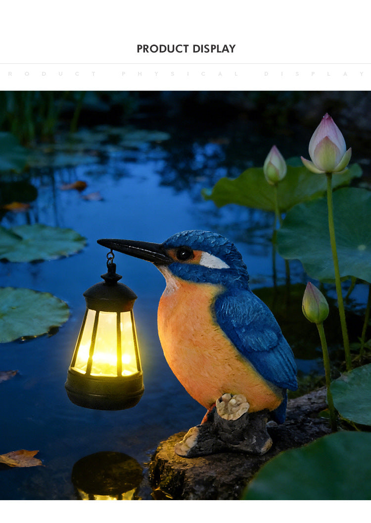Luminous Kingfisher Solar Lantern Statue – Hand-Painted Resin Garden Bird Sculpture (7" Tall)