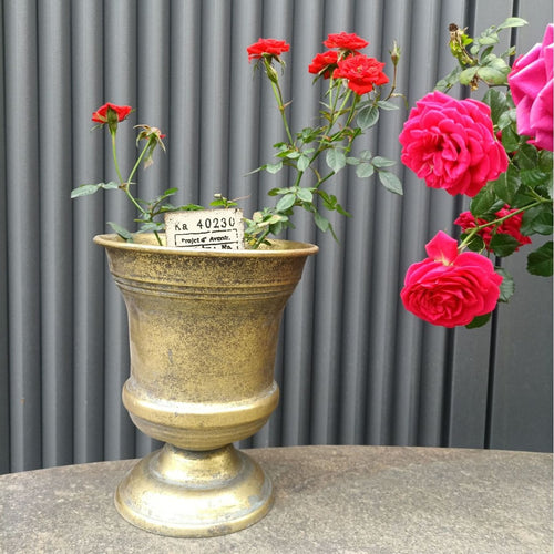 French Country Trophy Planter – Vintage Metal Pedestal Urn Cachepot (3 Styles)