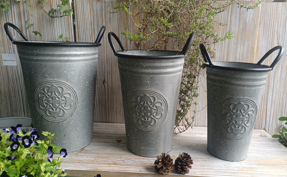 Vintage French Country Metal Planter Bucket with Double Handles