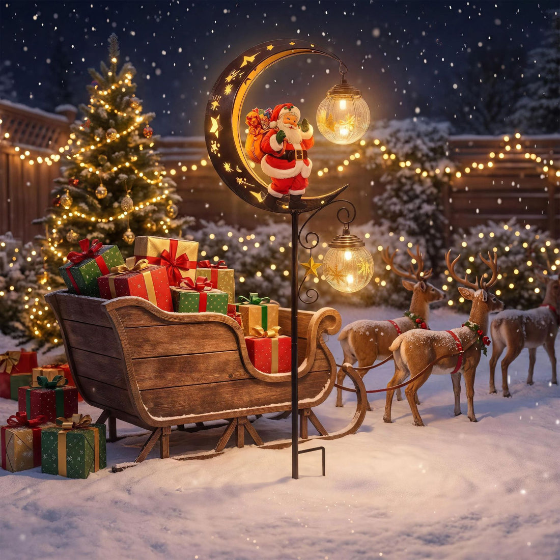 Luminous Winter Moon – Solar Metal Christmas Pathway Stake with Glowing Glass Orb (7 Styles)