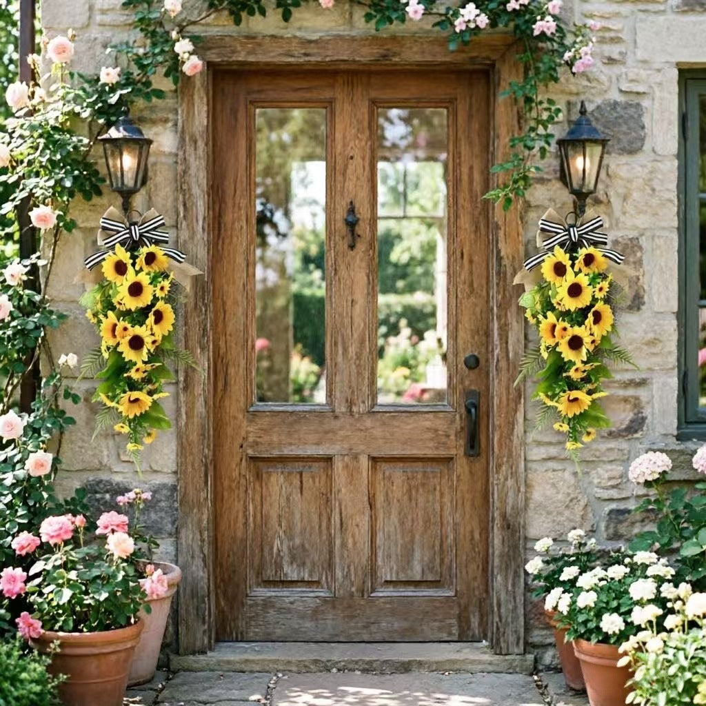 Farmhouse Sunflower Teardrop Swag – Artificial Front Door Wreath with Burlap Bow (24" Long)