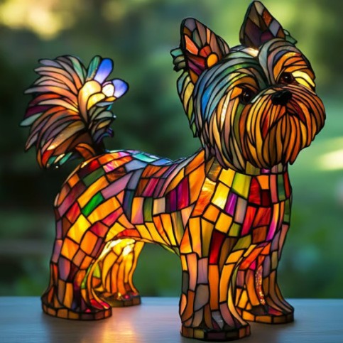 Small dog mosaic resin LED garden light with colorful stained-glass coat and glowing base