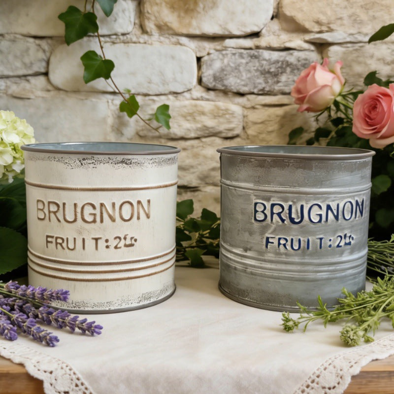 Vintage French Country "Brugnon Fruit" Metal Planters (Set of 2)