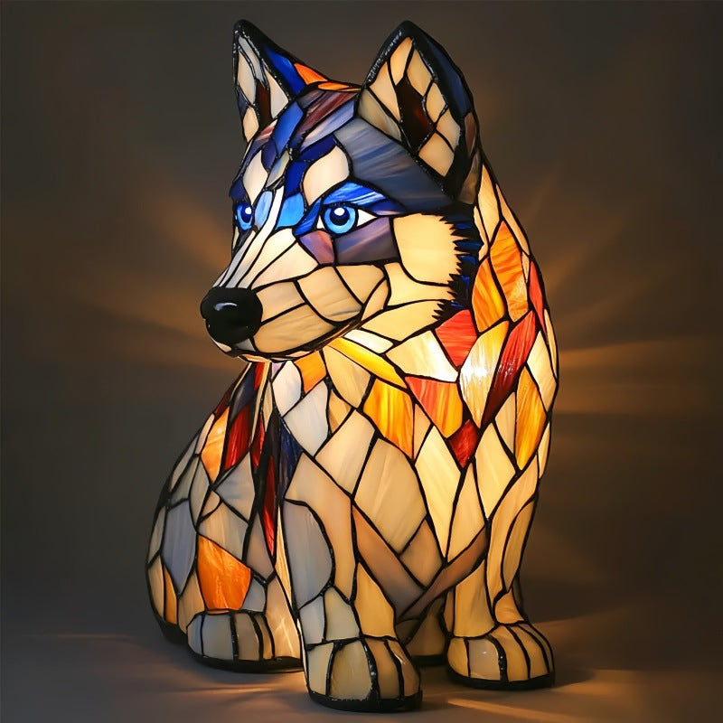 Sitting husky mosaic resin LED garden light with multicolor stained-glass fur and dark eyes