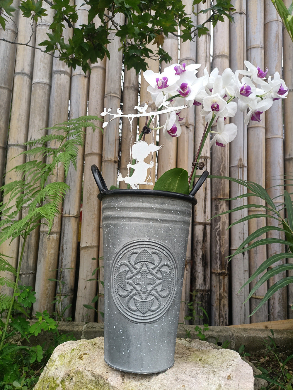 Vintage French Country Metal Planter Bucket with Double Handles