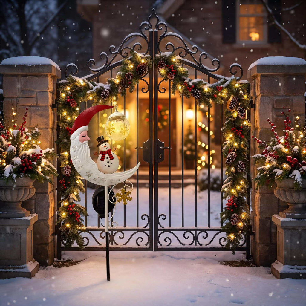 Luminous Winter Moon – Solar Metal Christmas Pathway Stake with Glowing Glass Orb (7 Styles)