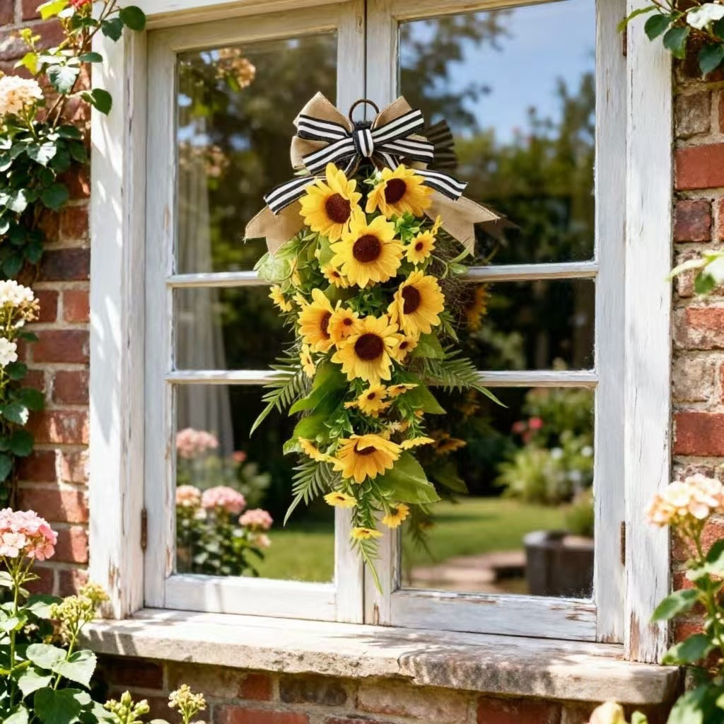 Farmhouse Sunflower Teardrop Swag – Artificial Front Door Wreath with Burlap Bow (24" Long)