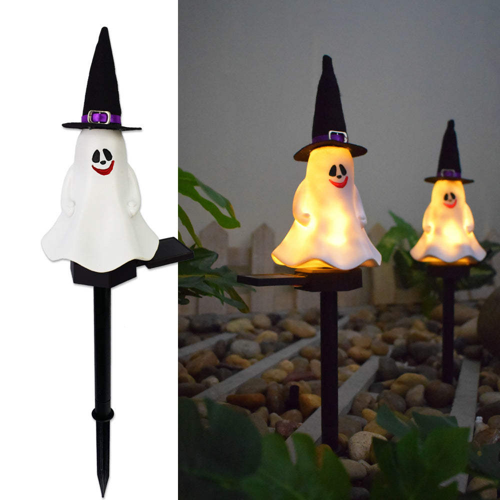 2-pak solcelledrevne Halloween-spøgelseslys med lilla heksehatte; lysende ansigter