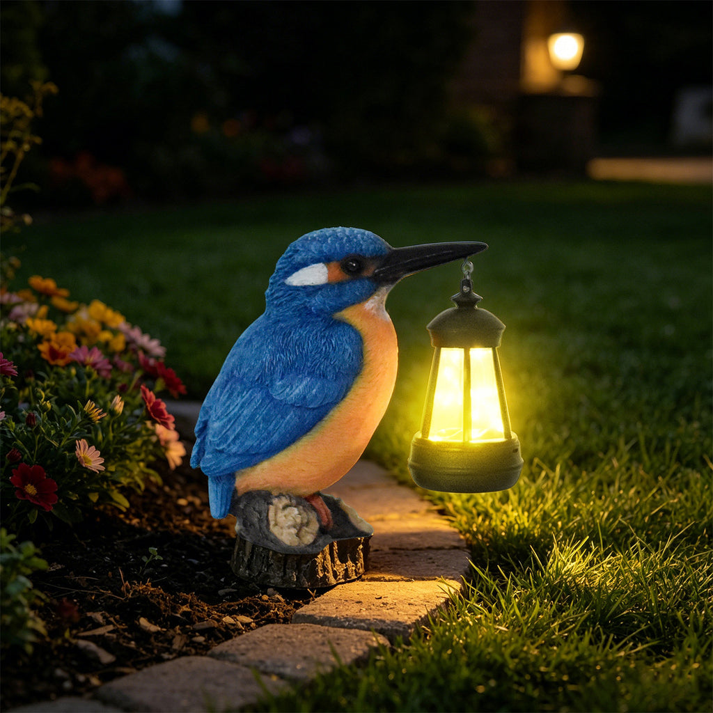 Luminous Kingfisher Solar Lantern Statue – Hand-Painted Resin Garden Bird Sculpture (7" Tall)