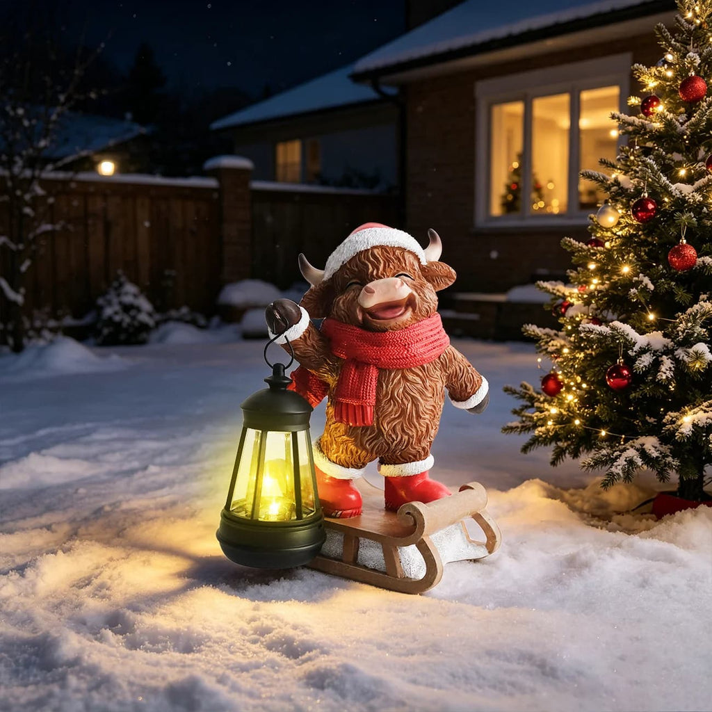 Cow Christmas solar lantern statue on a rocking sleigh, glowing lantern in front