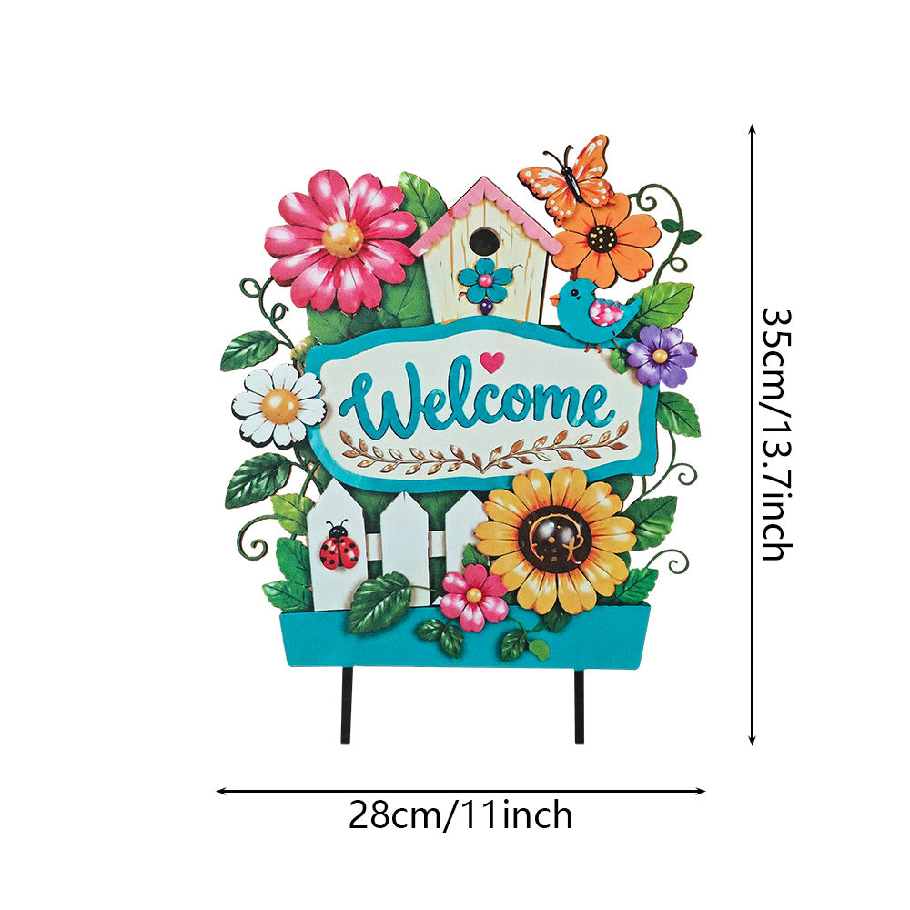 Floral metal yard stake sign with 'Welcome' text; 28cm wide and 35cm high