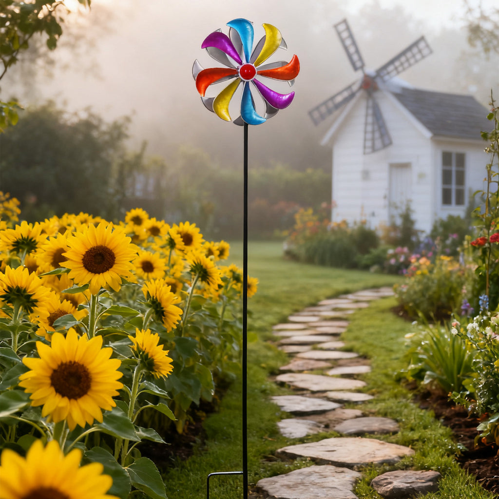 Kinetic Rainbow Wind Spinner – Colorful Metal Windmill Garden Stake (42.5" Tall)