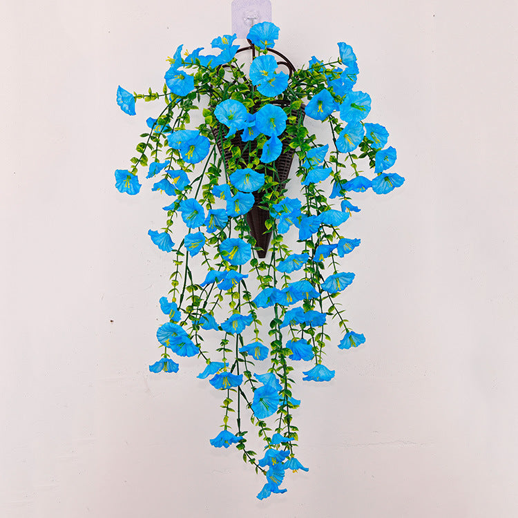 Artificial hanging vine flowers with bright blue blooms and green trailing stems.