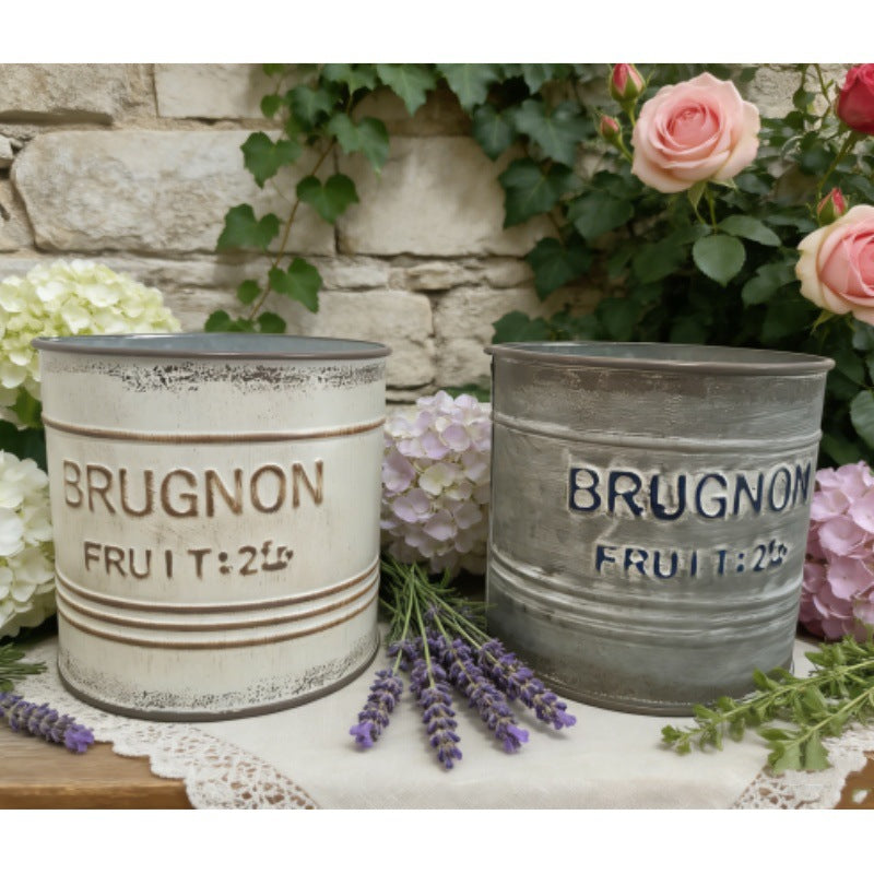Vintage French Country "Brugnon Fruit" Metal Planters (Set of 2)