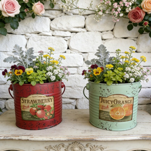 Vintage metal planter bucket, red strawberry theme with flowers
