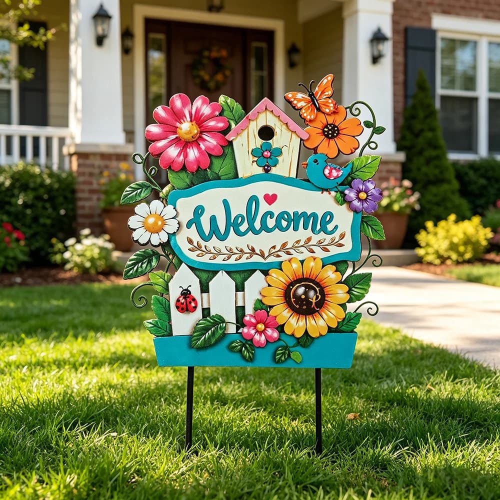 Floral metal garden yard stake with 'Welcome' sign, butterflies and flowers, two-panel set