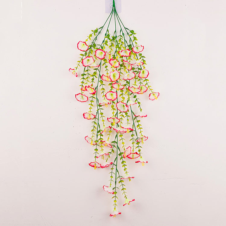 Hanging artificial morning glory vine with red-edged pink flowers and trailing green leaves