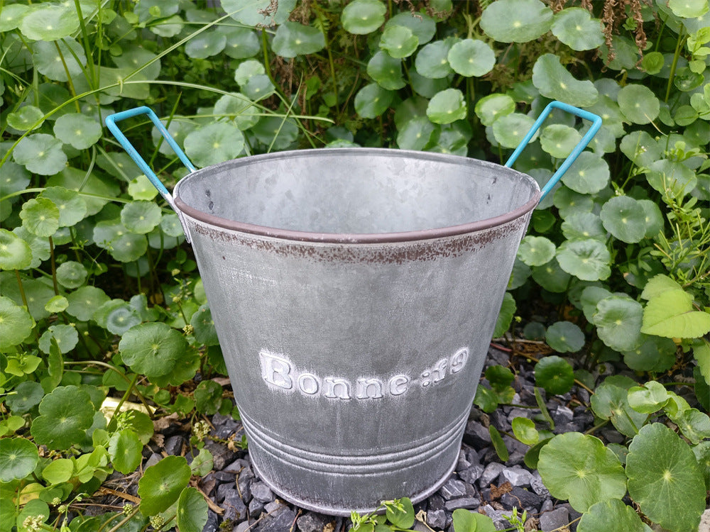 Vintage French Country Galvanized Planter – Distressed "Bonne" Metal Pot with Blue Handles (4 Styles)