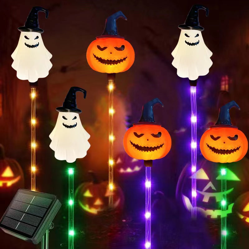 Solcelledrevne LED Halloween spøgelses- og græskarpælslys med flerfarvede lysende LED'er