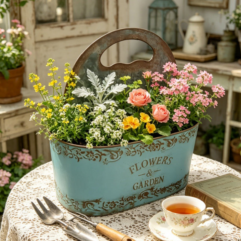 Vintage French Country Metal Planter Caddy with Handle (2 Colors)