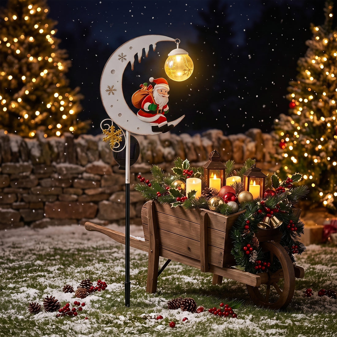 Luminous Winter Moon – Solar Metal Christmas Pathway Stake with Glowing Glass Orb (7 Styles)
