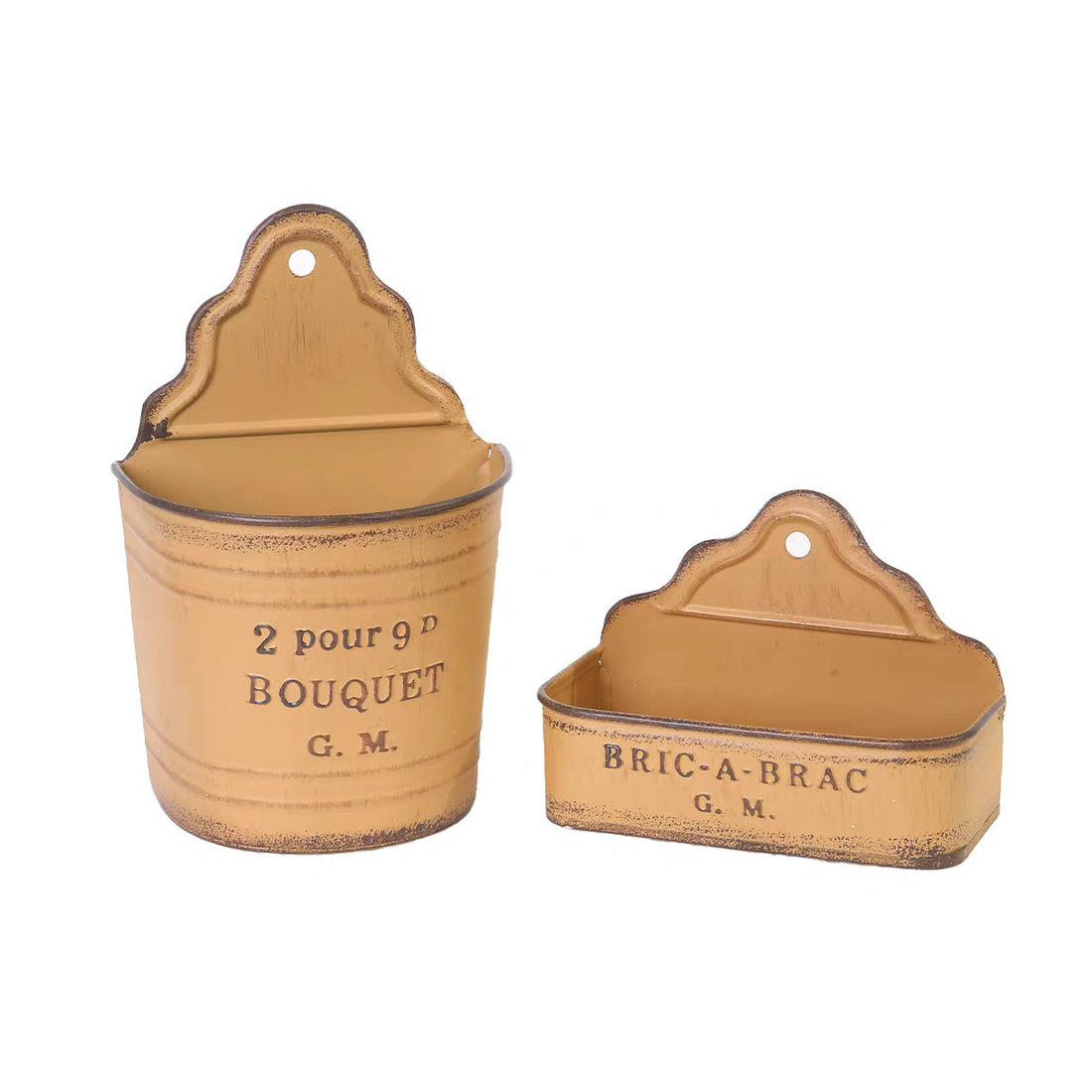 Beige and tan metal wall pocket planters with top hanger, set view