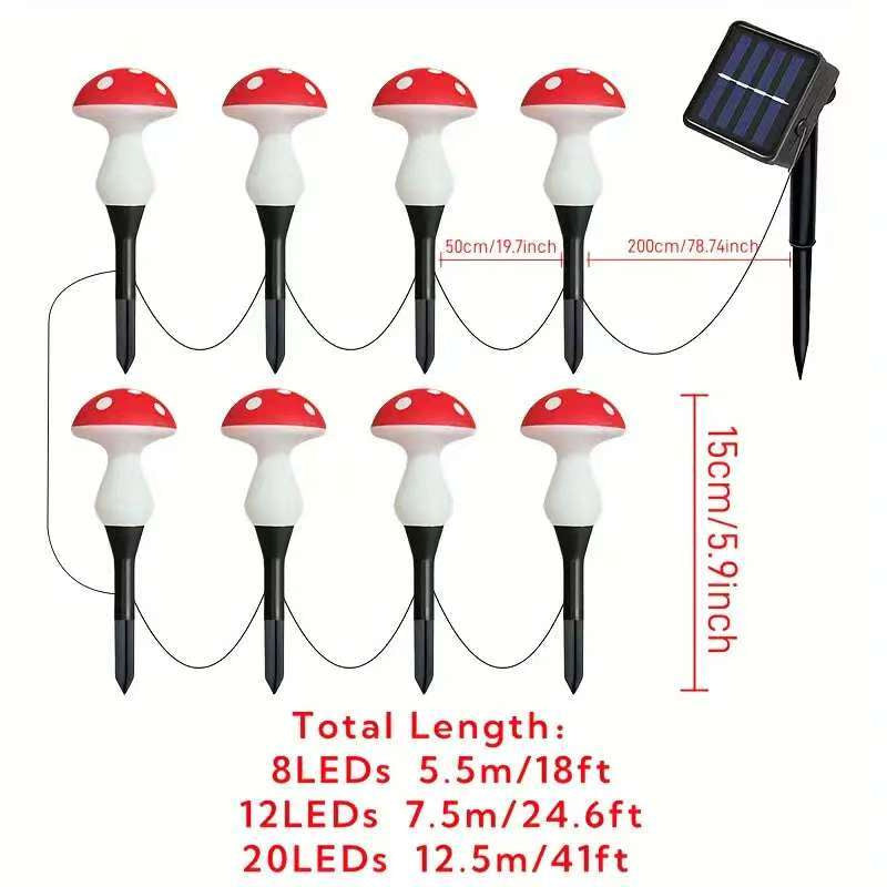 Luminous Solar Mushroom String Lights – Waterproof Fairy Garden Toadstool Stakes (8, 12, or 20 LEDs)