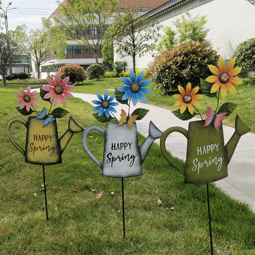 Rustic Floral Metal Garden Art – Vintage "Welcome" Planter & Watering Can Yard Stakes (6 Styles)