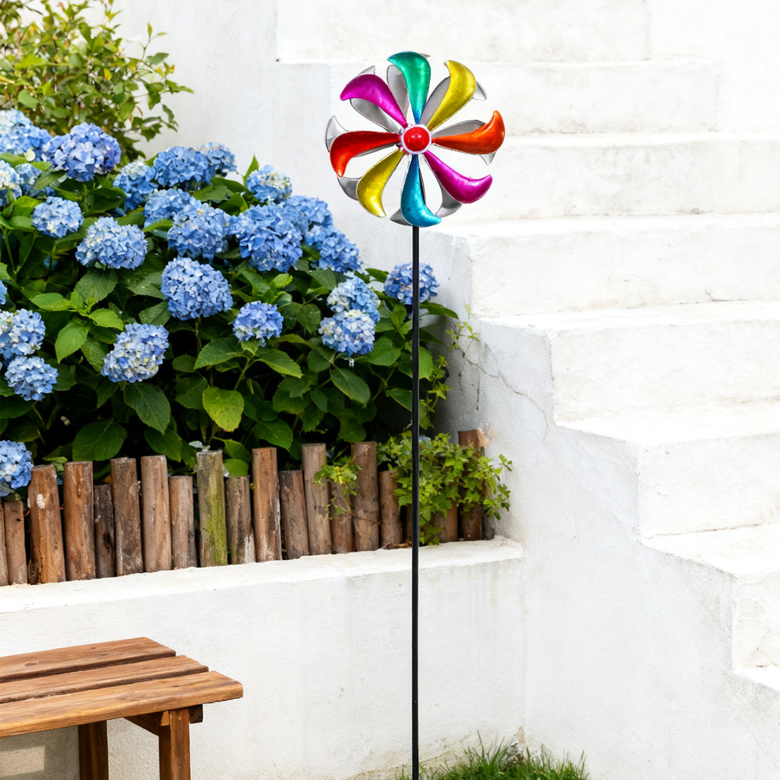 Kinetic Rainbow Wind Spinner – Colorful Metal Windmill Garden Stake (42.5" Tall)