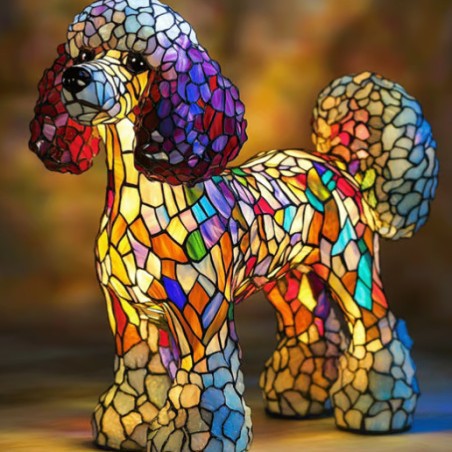 Standing dog mosaic resin LED garden light with multicolor stained-glass coat and curved tail