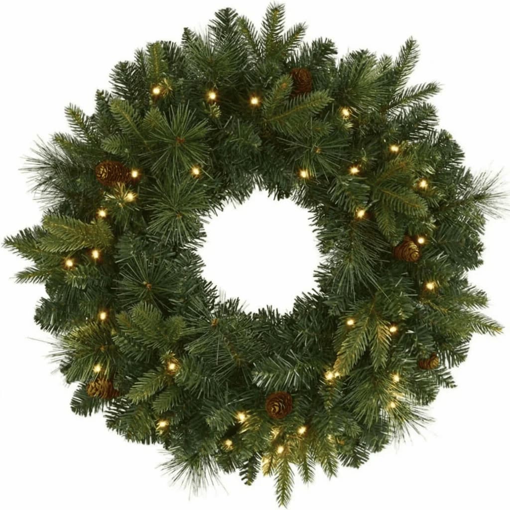 Battery pine wreath with warm white LEDs and green needles, unadorned