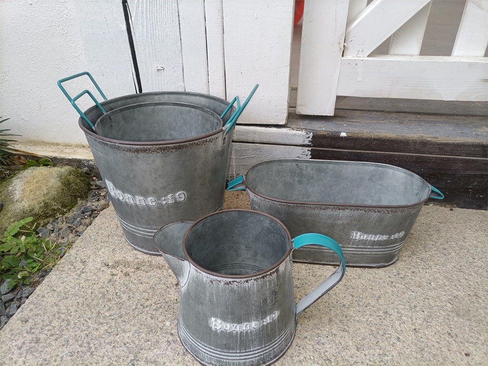 Vintage French Country Galvanized Planter – Distressed "Bonne" Metal Pot with Blue Handles (4 Styles)