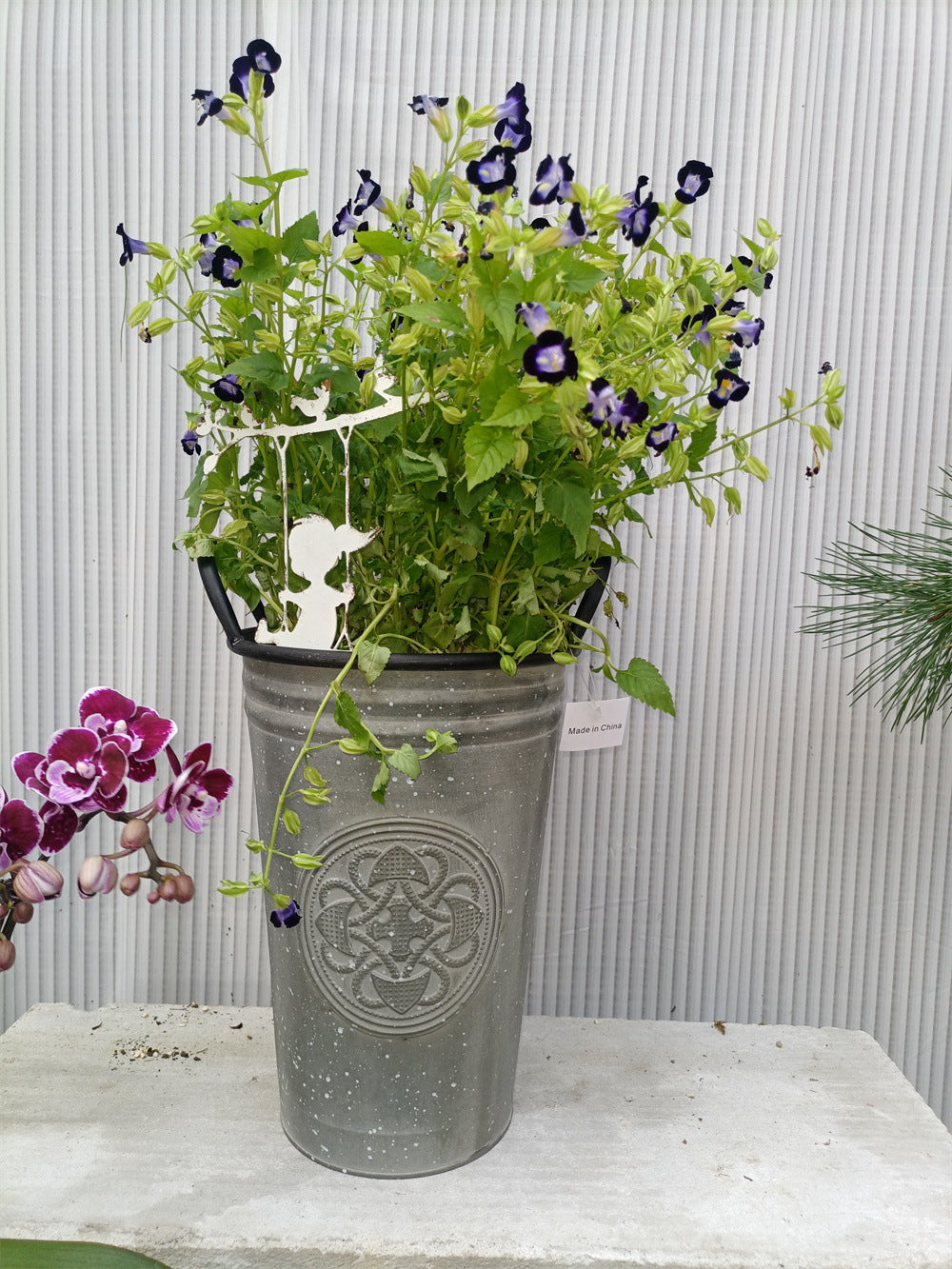 Vintage French Country Metal Planter Bucket with Double Handles