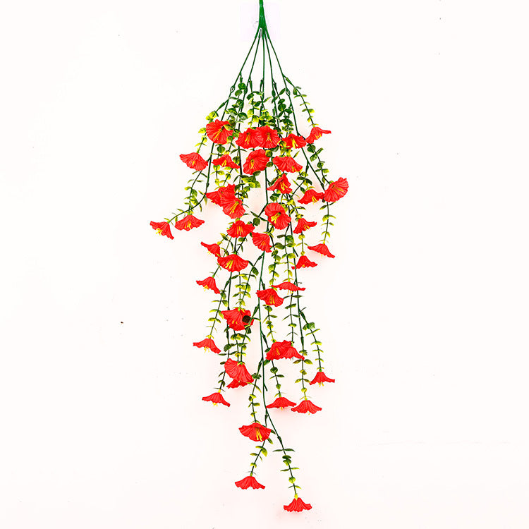 Artificial hanging trailing vine with red flowers and green leaves
