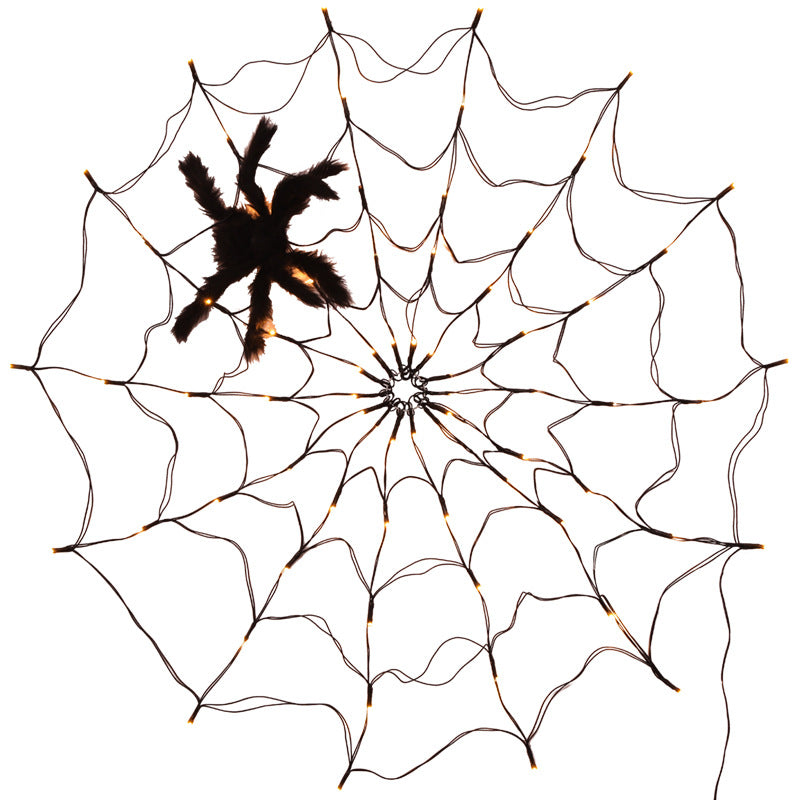 Decoración gigante de telaraña LED con LED blancos cálidos y arañas negras.