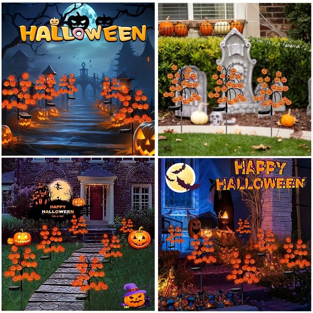 Guirnaldas solares de Halloween con forma de ramas y caras de calabaza de color naranja con luces LED, montadas en varias estacas para jardín.