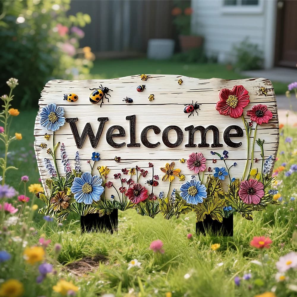 Floral wooden yard stake sign reading Welcome, with colorful flowers and ladybugs