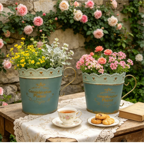French Country Vintage Planters – "Lace Edge" Metal Teacup Cachepots (Set of 2)