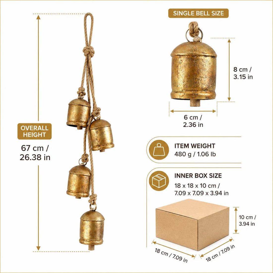 Einzelne Kuhglocke als Dekoration, bronze-goldenes Metall; Höhen- und Schachteldetails abgebildet