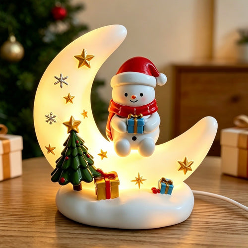 Santa Claus moon night light with wrapped gifts, tree, and golden stars