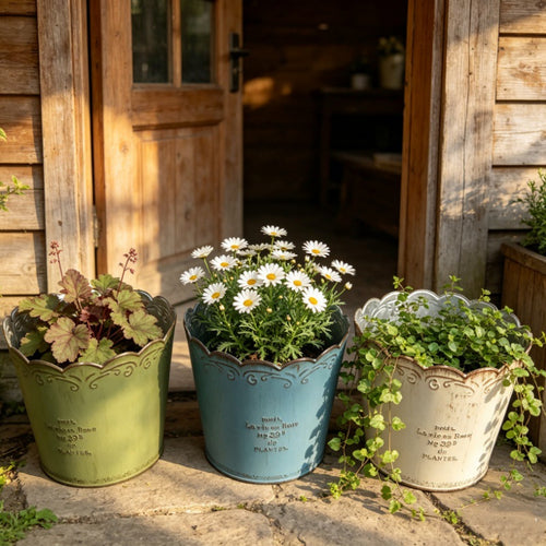 Vintage French Country Metal Planter Set – 3-Piece Rustic Scalloped Flower Pots