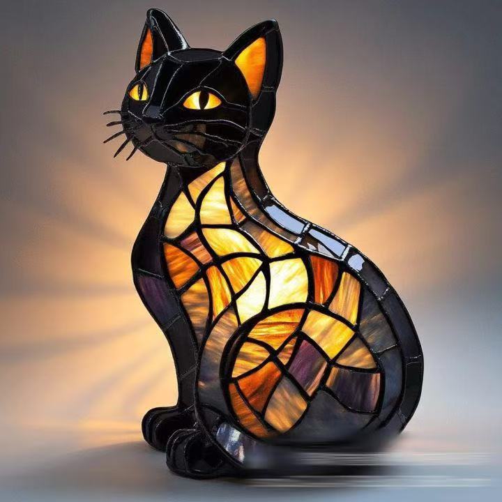Sitting cat mosaic resin LED garden light, black body with orange-yellow stained-glass pattern