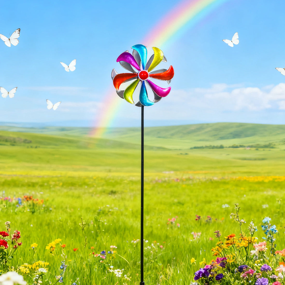Kinetic Rainbow Wind Spinner – Colorful Metal Windmill Garden Stake (42.5" Tall)