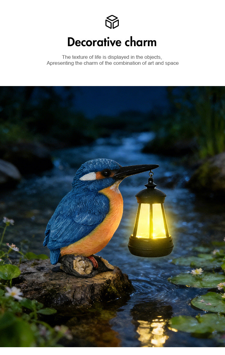Luminous Kingfisher Solar Lantern Statue – Hand-Painted Resin Garden Bird Sculpture (7" Tall)