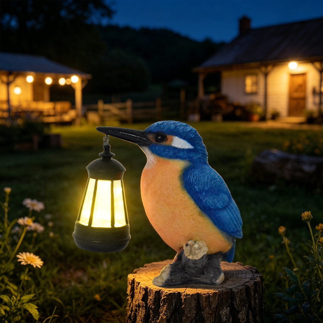 Luminous Kingfisher Solar Lantern Statue – Hand-Painted Resin Garden Bird Sculpture (7" Tall)