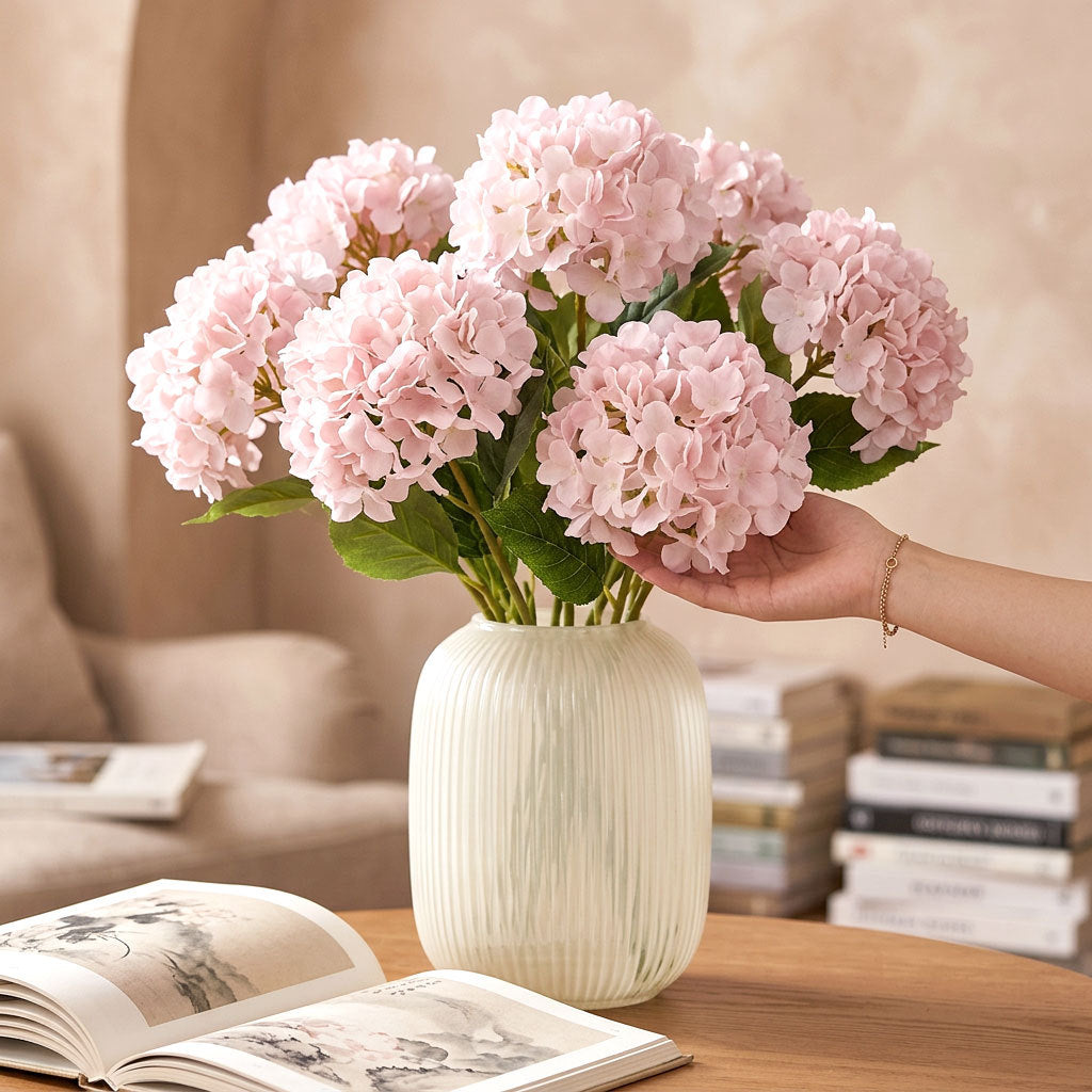 Lifelike Faux Hydrangea Stems – Romantic Artificial Silk Flowers (Set of 5 Large Blooms)
