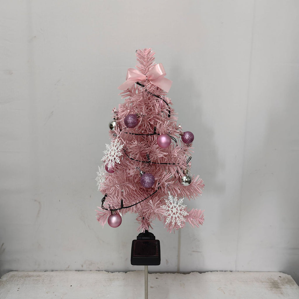 Pre-Lit Pink Solar Christmas Tree Pathway Stakes – Coquette Holiday Yard Decor with Ornaments (Set of 2)